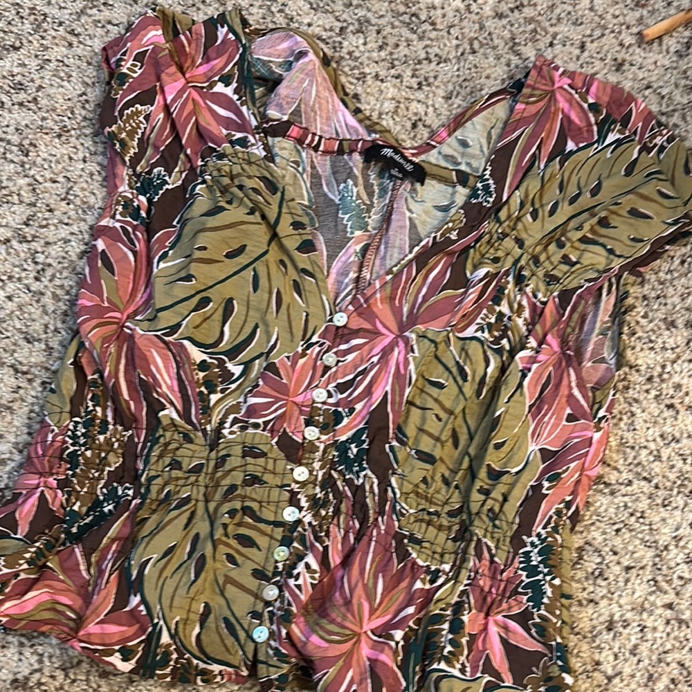 Madewell Pink and Green Leaf Print Blouse